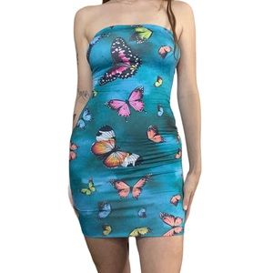 Better Be Womens Body Con Butterfly Blue Rainbow Strapless Dress, Mini Small